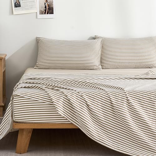 JELLYMONI 100% Cotton Sheet Set, Khaki Striped, Full - Soft breathable cotton, Deep pocket fit, Envelope closure, Bedroom refresh, All-Season Comfort
