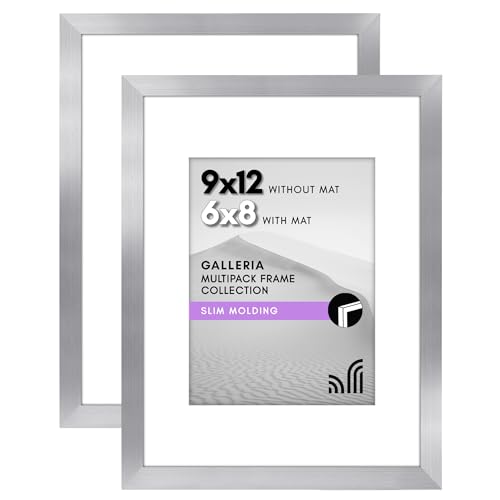 Americanflat 9x12 Picture Frame Set of 2 in Silver - Use as 6x8 Picture Frame with Mat or 9x12 Frame Without Mat - Collage Picture Frames with Plexiglass Cover for Horizontal or Vertical Display