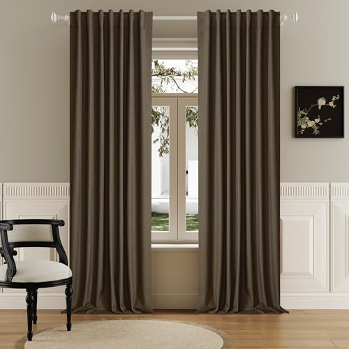 "DUALIFE Brown Blackout Curtains 102 Inch Length 2 Panels Set for Living Room Bedroom Rod&Back Tab Thermal Insulated 100% Black Out Linen Drapes Room Darkening Window Curtains 72"" x 102"""
