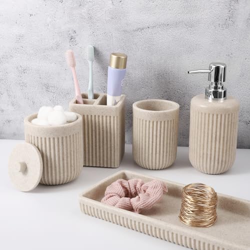 XLHOMO Resin Beige Bathroom Accessories Set 5 Pcs, Lotion Soap Dispenser, Toothbrush Holder, Bathroom Tumbler, Qtip Holder and Vanity Tray, Bathroom Countertop Organizer Set for Modern Home Apartment
