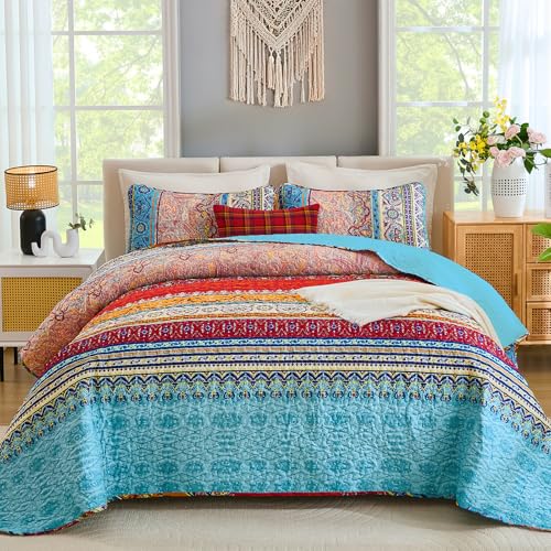 "WONGS BEDDING Bohemian Quilt Set, Boho Striped Pattern Printed Coverlet for All Season, Soft Microfiber Boho Bedspread Set 90""x96""(3 Pieces, Queen)"