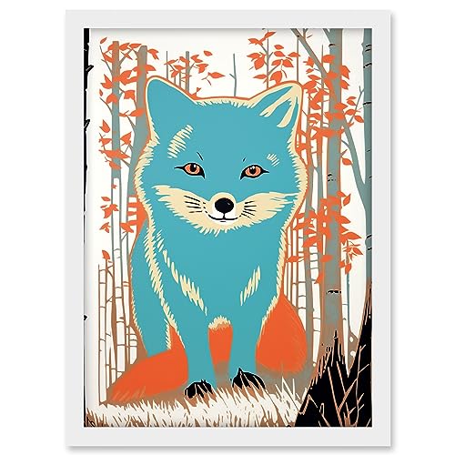 Artery8 Cute Blue Fox Forest Glade Landscape Bright Woodland Baby Animal Kids Bedroom Artwork Framed A3 Wall Art Print
