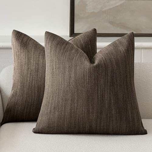 Foindtower Set of 2 Decorative Textured Burlap Linen Throw Pillow Covers Farmhouse Boho Cushion Cover Solid Accent Pillowcase for Couch Sofa Bed Living Room Home Decor, 22??22 Inch,Chocolate