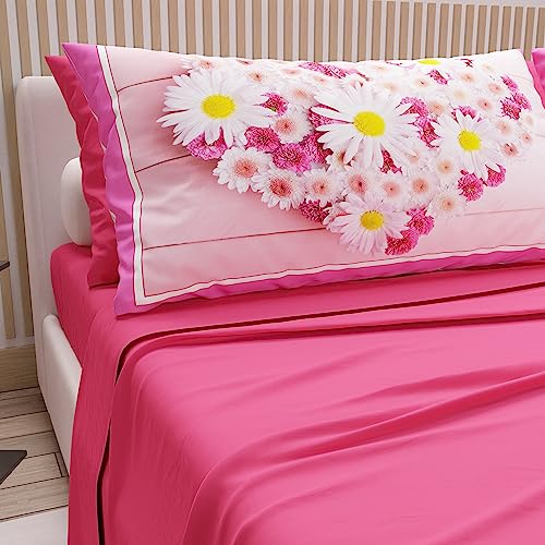 PETTI Artigiani Italiani - Cotton Sheets with Pillowcases in Digital Print, Double Maxi, Complete Top and Bottom Sheet with Corners, Fuchsia, 100% Made in Italy
