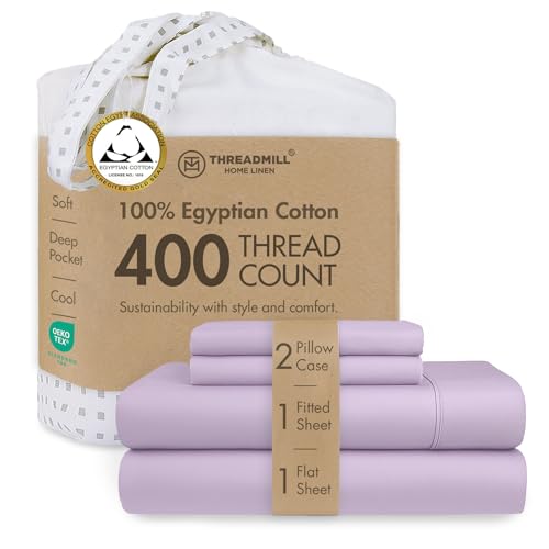 Threadmill Home Linen Certified 100% Egyptian Cotton King Size 4 Piece Solid Bed Set, 400 Thread Count Sateen Weave, ELS Combed Cotton, Comfortable Lilac Sheets with Elasticized Deep Pocket