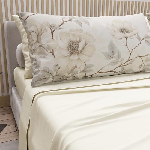 PETTI Artigiani Italiani - Cotton Sheets with Pillowcases in Digital Print, Double Sheet, Floral Pattern 6 Cream Bed Set, 100% Made in Italy