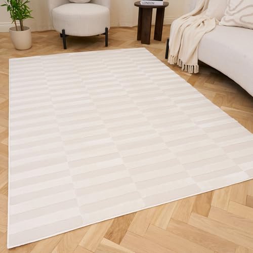 THE RUGS Living Room Rug, Loft Collection – Modern Textured 14mm Soft Pile Area Carpet, Non-Shedding & Easy Care [ Block Stripe Cream, 200x290 cm]