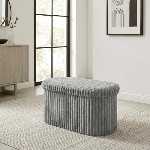 GC GAVENO CAVAILIA Ribbed Boucle Ottoman Storage Box Oval Folding, Grey - Comfortable Hidden Storage Chest Blanket Box 76x38x38 cm - Seat Padded Storage Ottoman Bench For Livingroom Bedroom, Hallway