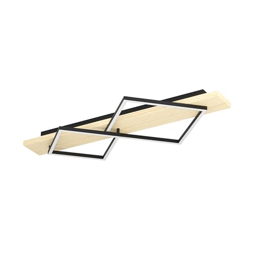 Eglo LED Ceiling Light Fixture Boyal, Flush Wooden lamp with 2 Squares, Living Room Lighting Made of Wood and Black Metal, FSC-Certified, Warm White, 78 cm