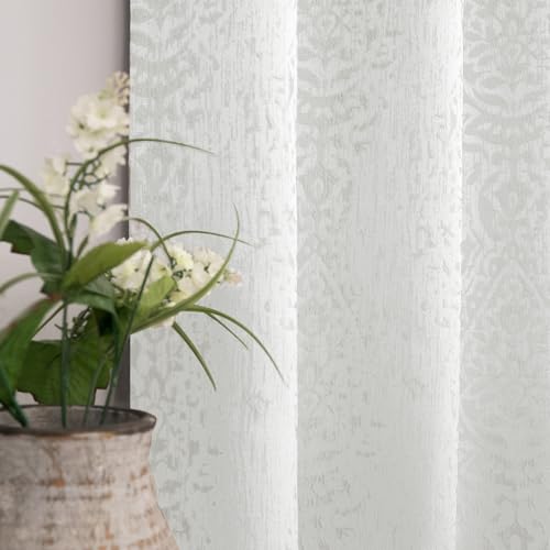 Mrs.Naturall Off White Damask Moroccan Pattern 3D Jacquard Embossed Embroidered Curtains 63 Inches Long for Bedroom Living Room 2 Panels Set Cream