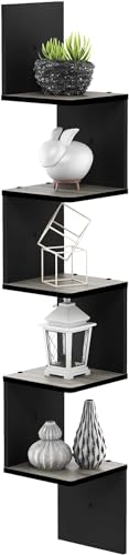 Zuvo Black Corner Shelf 5-Tier - Floating Corner Shelves Wall Mounted - Zigzag Bookshelf for Bedroom, Living Room, Office - 20×20×127.5cm - Space-Saving Wall Shelf