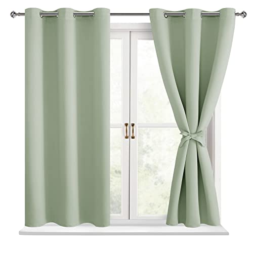 Hiasan Blackout Curtains for Bedroom - Thermal Insulated & Light Blocking Window Curtains for Living Room/Kids Room, 2 Drape Panels Sewn with Tiebacks, Seafoam Green, 42 x 45 Inch
