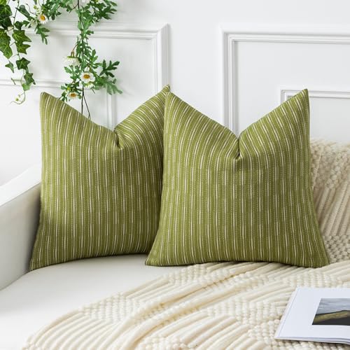 Kevin Textile Pack of 2, Spring Linen Decorative Throw Pillow Cover Cushion Covers Pillowcase, Boho Woven Texture Home Decor Decorations for Sofa Couch Bed Chair, 24x24 Inch/60x60 cm (Light Green)