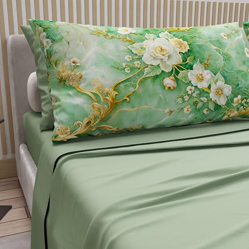 PETTI Artigiani Italiani - Cotton Sheets with Pillowcases in Digital Print, Single Bed Sheet, Single Bed Set, Floral 3 Sage, 100% Made in Italy