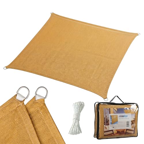 Relaxdays Shade Sail, 3x3 m, HDPE breathable mesh, garden & balcony, eyelets & guy ropes, square, sand