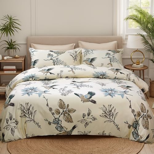 Helthep Floral Birds Bedding American Country Chic Queen 3Pcs Leaves Bird Duvet Cover Egyptian Cotton Super Soft for Naked Sleep Khaki Button Closure Bedding Set