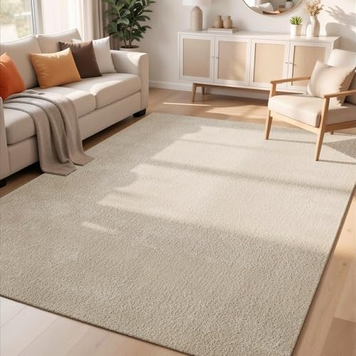 Rugs by Desire Comfy Washable Modern Living Room Rug Polyester Plain Indoor Area Rug with Low Pile - Anti-Slip Felt Backing SuperSoft Carpet Bedroom-Hallway, Light Beige, 160x220 cm