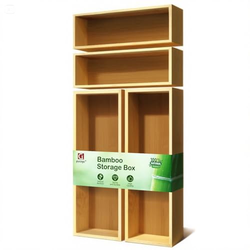 "guiogc Bamboo Drawer Silverware Organizer, Flatware Organizer, Bamboo Storage Box for Office, Bathroom and other objects storage (large14.2 x5 x2 Small 9.85""x3.55""x1.78""- Set of 4)"