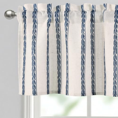 "JIUZHEN 52x18 Inch Kitchen Valance - Thick Textured Linen Striped Window Valance Curtain with 3"" Rod Pocket, Wheat Stripe Blue (1 Panel)"