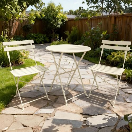 Home Source Clifton Bistro Set 3 Piece – Cream Aluminium, Folding Chairs - 60W x 60D x 70H cm Table - 2 Seater Garden Furniture Set