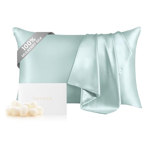 "THXSILK 100% Mulberry Silk Pillowcase for Hair and Skin Health, Soft Breathable and Smooth Pillowcase with Hidden Zipper, Both Sides Premium Grade 6A+ Silk, 1pc (Standard 20""x26"", Light Blue)"