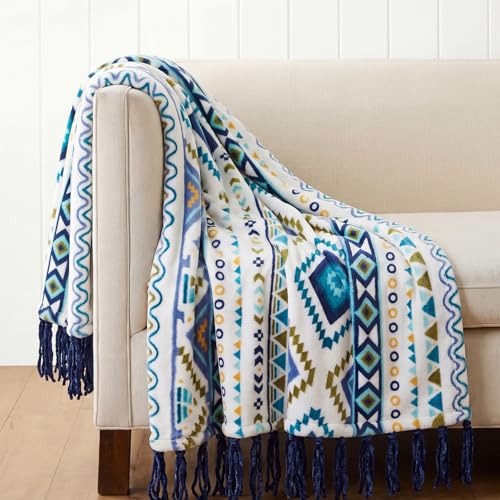 CASAAGUSTO Boho Throw Blanket, Blue and White Aztec Throw Blankets with Tassel for All Season, Printed Flannel Fleece Bohemian Throw Blanket Cover for Couch, Bed, Sofa, Chair (50 * 60 Inches)