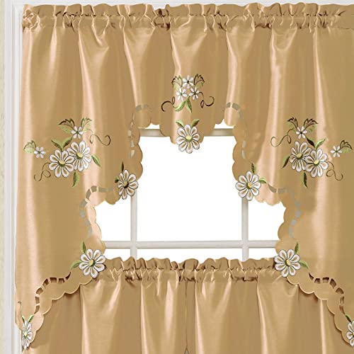 Cutwork Floral. Kitchen Curtain Set. Swag Valance and Tier Set. Nice Embroidery on Faux Silk Fabric with cutworks. (Bronze)