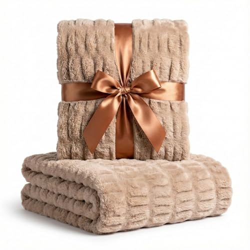 "Luxury Concepts Soft Faux Rabbit Fur Throw Blanket - 50"" x 60"", Elegant Ruched Design Blanket, Machine Washable and Wrinkle Resistant, Lightweight Tan Throw Blanket for Couch, Sofa and Bed"
