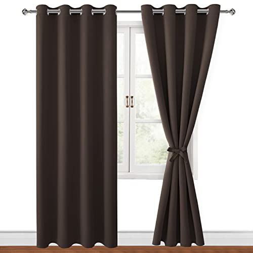 Hiasan Blackout Curtains for Bedroom, 52 x 96 Inches Long - Thermal Insulated & Light Blocking Window Curtains for Living Room/Kids Room, 2 Drape Panels Sewn with Tiebacks, Brown