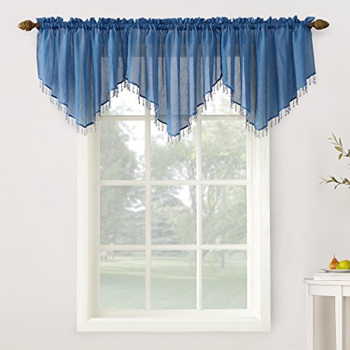 "No. 918 Erica Crushed Voile Ascot Beaded Sheer Rod Pocket Curtain Set, 153"" x 24"", Blue"