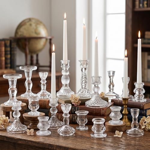 Mumufy 20 Pcs Glass Crystal Candle Holders Clear Glass Candlestick Holder Fit 0.8 Inch Candles Taper Candle Holders Crystal Decorative Candle Stand Centerpiece Table Wedding Dining Party (Clear)