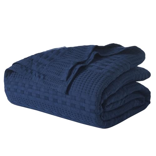 "VHC Brands 100% Cotton Waffle Weave King Blanket 108""x90"", Decorative Lightweight Spring and Summer Throw Blanket, Bedroom Decor for Bed, Couch, or Sofa, Navy"
