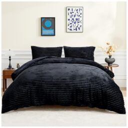 GC GAVENO CAVAILIA Ribbed Fleece Duvet Cover Single - Thermal Warm Polyester Single Duvet Cover Set With Pillow Case - Washable Cozy Fluffy Black Quilt Cover Winter Bedding Set, 135x200 Cm