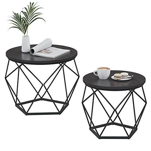 VASAGLE Round Coffee Table, Set of 2, Side Table, Sofa End Table, Modern Style, Removable Top, Steel Frame, for Living Room, Black LET040B22