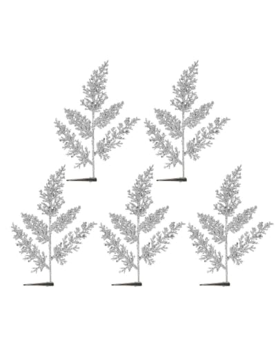 Set of 5 Silver Glitter Leaf Christmas Tree Picks, 23cm Sprays - 5 silver glitter leaf picks, 23cm decorative Christmas sprays for trees, wreaths, garlands and festive displays