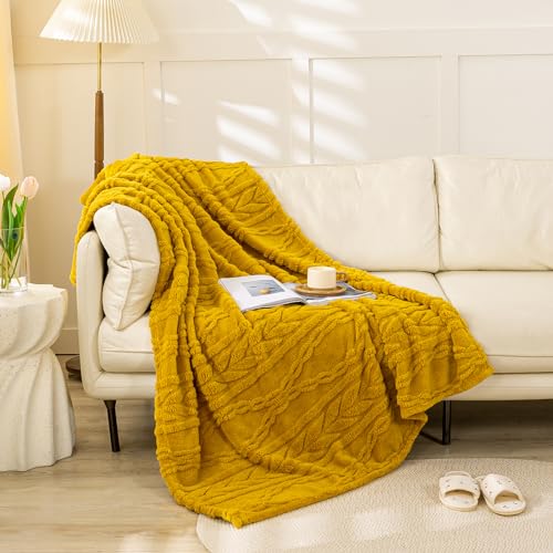 "YUSOKI Sherpa Large Throw Blanket Single Layer,Light Weight(1.7lb),320GMS-3D Stylish Design for Gift Home Decor (Mustard Yellow,50""x65"")"