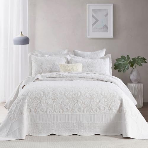 "FineStichery 100% Cotton Oversized Bedspread Quilt Coverlet Set, 120""x120"" - Extra Large King Bedspreads with Pillow Shams, Lightweight Embroidered Bedding Cover, 3 Piece, White/Beige"