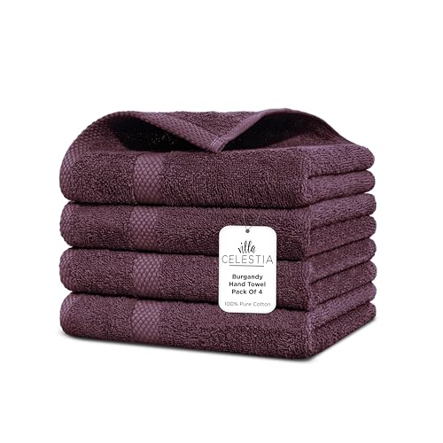 Villa Celestia 100% Cotton Hand Towel Set of 4, (16 x 28 inches) Sustainable, Soft, Highly Absorbent, Quick Drying, Combed Cotton Hand Towels Pack of 4 Ideal for Hotels, Spa, Bathroom, Dorm, Burgandy