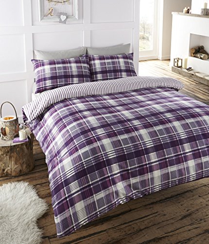 Angus Flanelette Super King Size Quilt Duvet Cover and 2 Pillowcase Bedding Bed Set, Tartan Check - Purple/White/Plum