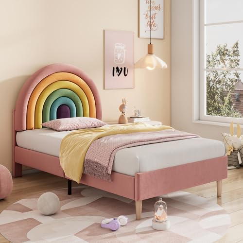 Merax Upholstered Single Bed, 3FT Bed Frame with Height-Adjustable Headboard and Wooden Slat Support, Comfortable Backrest, Easy Assembly, Velvet, Pink, 90x190cm