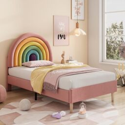 Merax Upholstered Single Bed, 3FT Bed Frame with Height-Adjustable Headboard and Wooden Slat Support, Comfortable Backrest, Easy Assembly, Velvet, Pink, 90x190cm