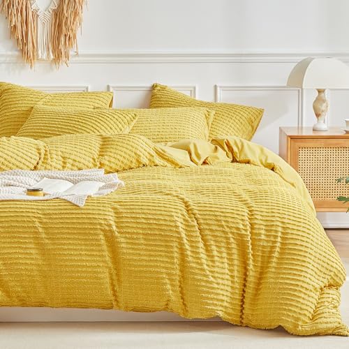 WARMDERN Queen Duvet Cover Set Yellow Boho Duvet Cover Lightweight Microfiber Down Alternative Duvet Cover Set 3 pcs for All Season - 1 Duvet Cover & 2 Pillowcases(Yellow,Queen)