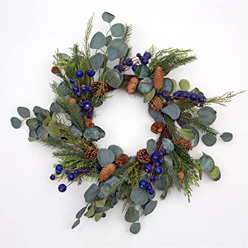 55cm Natural Looking Artificial Eucalyptus Leaves, Black Berries and Pine Cones Wreath Front Door Christmas Hanging Decorations Wedding Xmas Decorative Garland