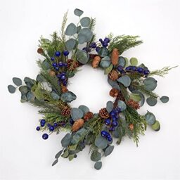 55cm Natural Looking Artificial Eucalyptus Leaves, Black Berries and Pine Cones Wreath Front Door Christmas Hanging Decorations Wedding Xmas Decorative Garland
