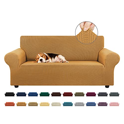 "KEKUOU Stretch Loveseat Sofa Cover Slipcover,Couch Covers for 2 Cushion Couch Sofa (55""-79"") Furniture Protector Sofa with Elastic Bottom for Kids,Dog. Jacquard Small Checked (Medium,Golden)"