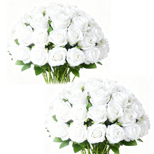 Kenpal 60pcs Fake Roses Artificial Flowers Bulk, Realistic Fake Velvet Roses Flowers with Stems for Wedding Decor, Ceremony Arch, Large Centerpieces & Event Planning (White)