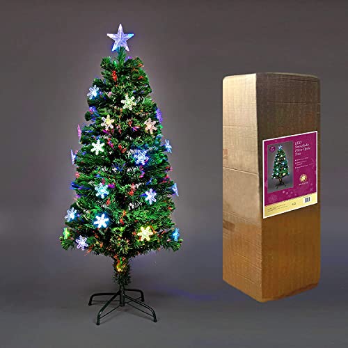 5Ft/150cm Fibre Optic Christmas Tree with Star Topper - LED Snowflakes Decorations - Pre-Lit Green Artificial Xmas Tree - Multicolor Changing Lights