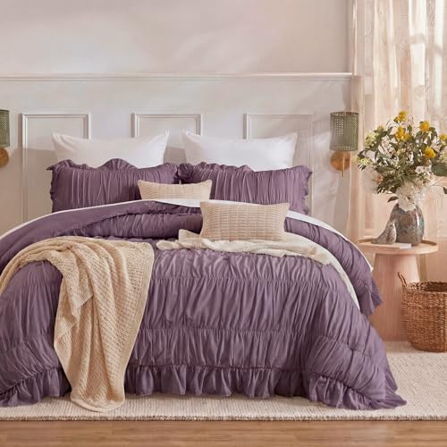 Herside Purple Ruffle Duvet Cover Set Queen Size,Ruched Boho Bedding 3 Pieces Shabby Chic Luxury Wrinkle Ruffle Comforter Cover Set,Breathable and Soft Microfiber Quilt Cover Set for All Seasons