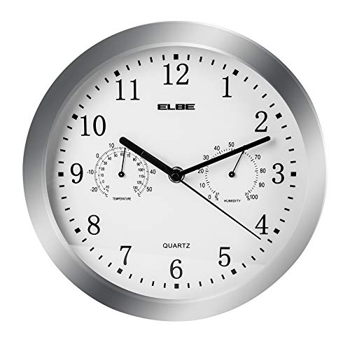 Elbe RP-3005-9 Wall Clock with Thermometer and Hygrometer, Temperature and Humidity, Diameter 25 cm, White Panel, Silver Frame, Battery Operated, Silver