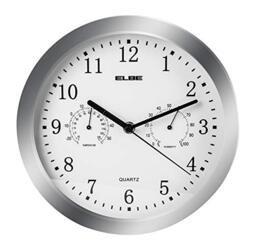 Elbe RP-3005-9 Wall Clock with Thermometer and Hygrometer, Temperature and Humidity, Diameter 25 cm, White Panel, Silver Frame, Battery Operated, Silver
